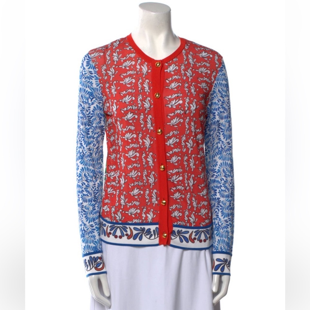 Escada Red And Blue Patterned Button Down Light C… - image 1
